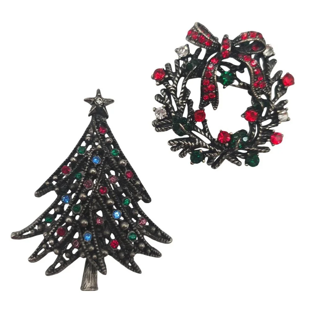 VTG Christmas Brooch 2PC Set Dark‎ Silver Tone Red Green Tree Wreath Holiday Joy